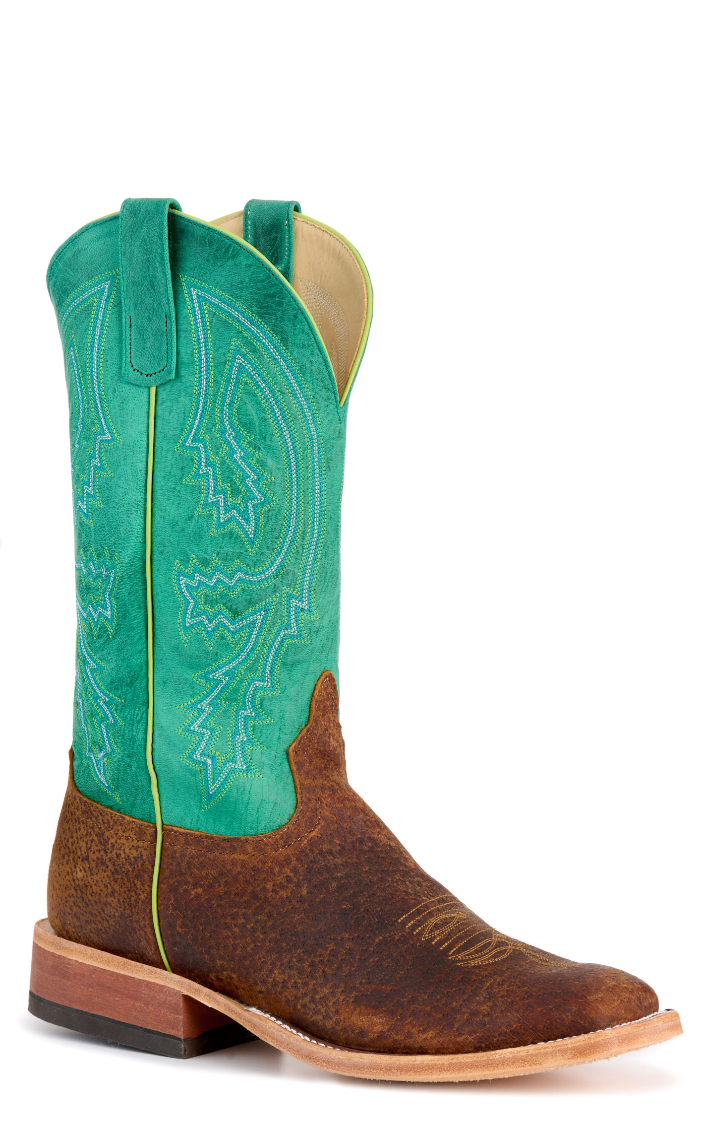 Anderson Bean Men's Tan Boar and Turquoise Wide Square Toe Cowboy Boots - Image 1