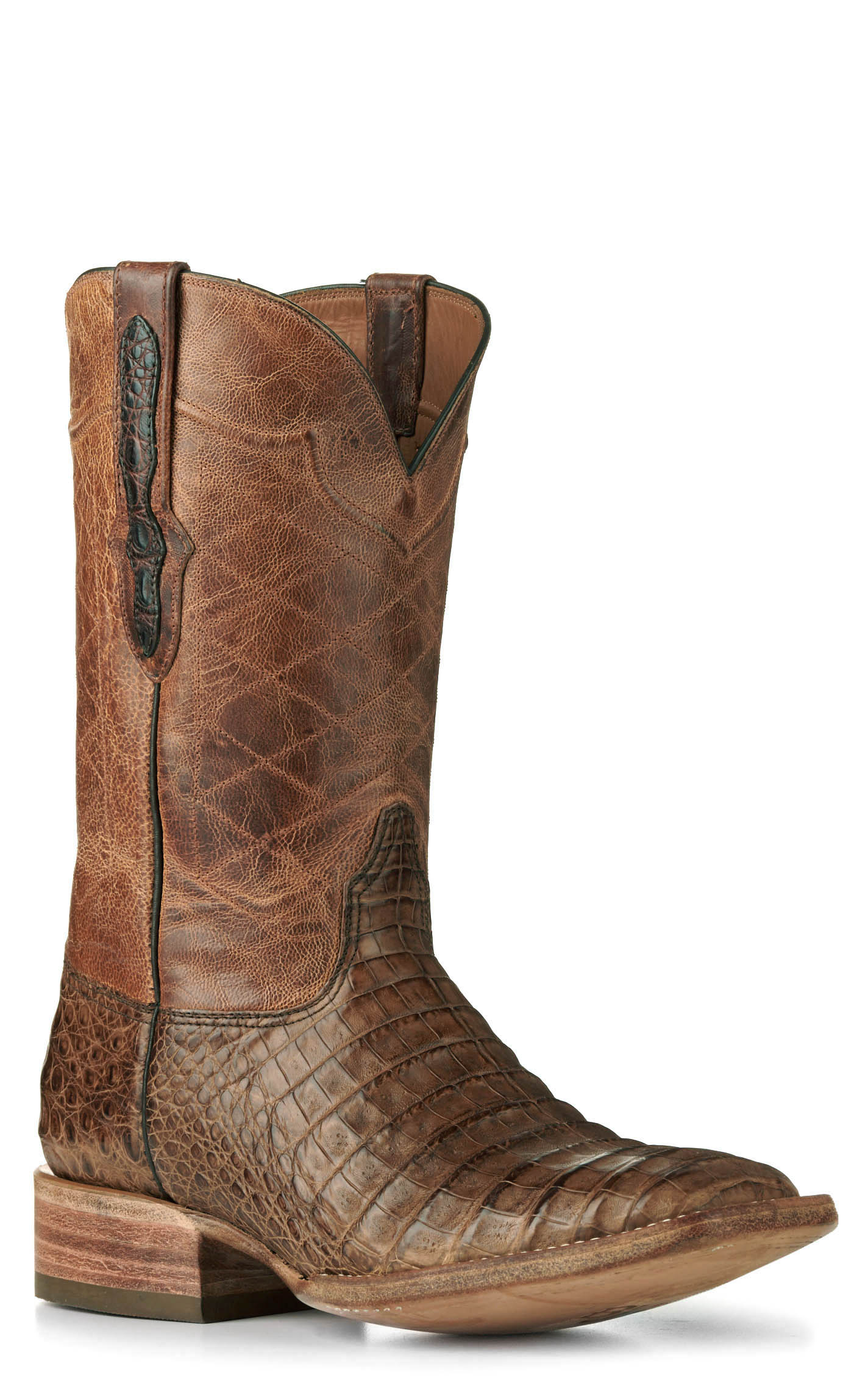 Black Jack Men's Coyote Tan and Burnished Glossy Cigar Caiman Wide Square Toe Exotic Cowboy Boots - Image 1