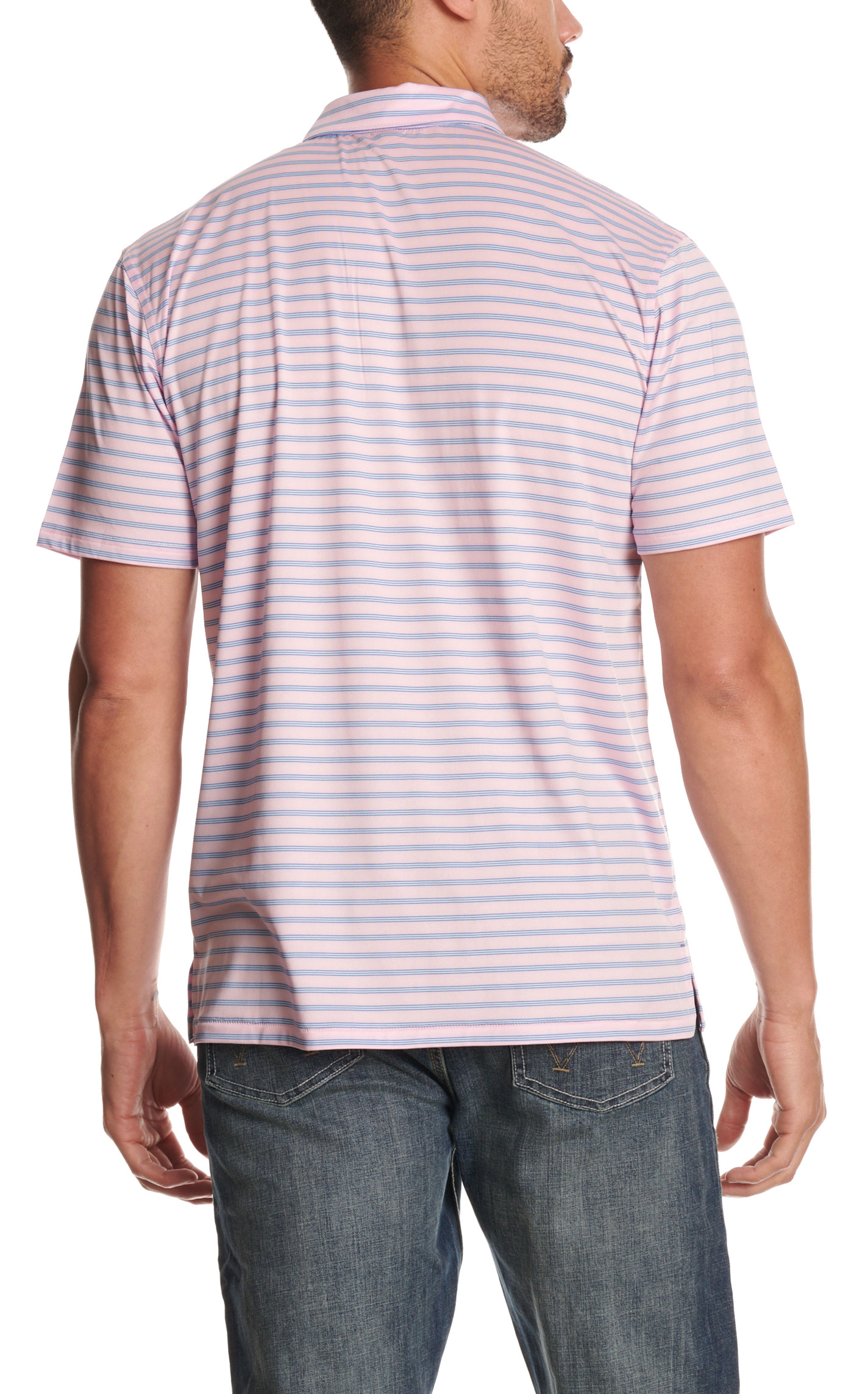 Rafter C Men's Pink & Blue Striped Performance Polo Shirt - Image 1