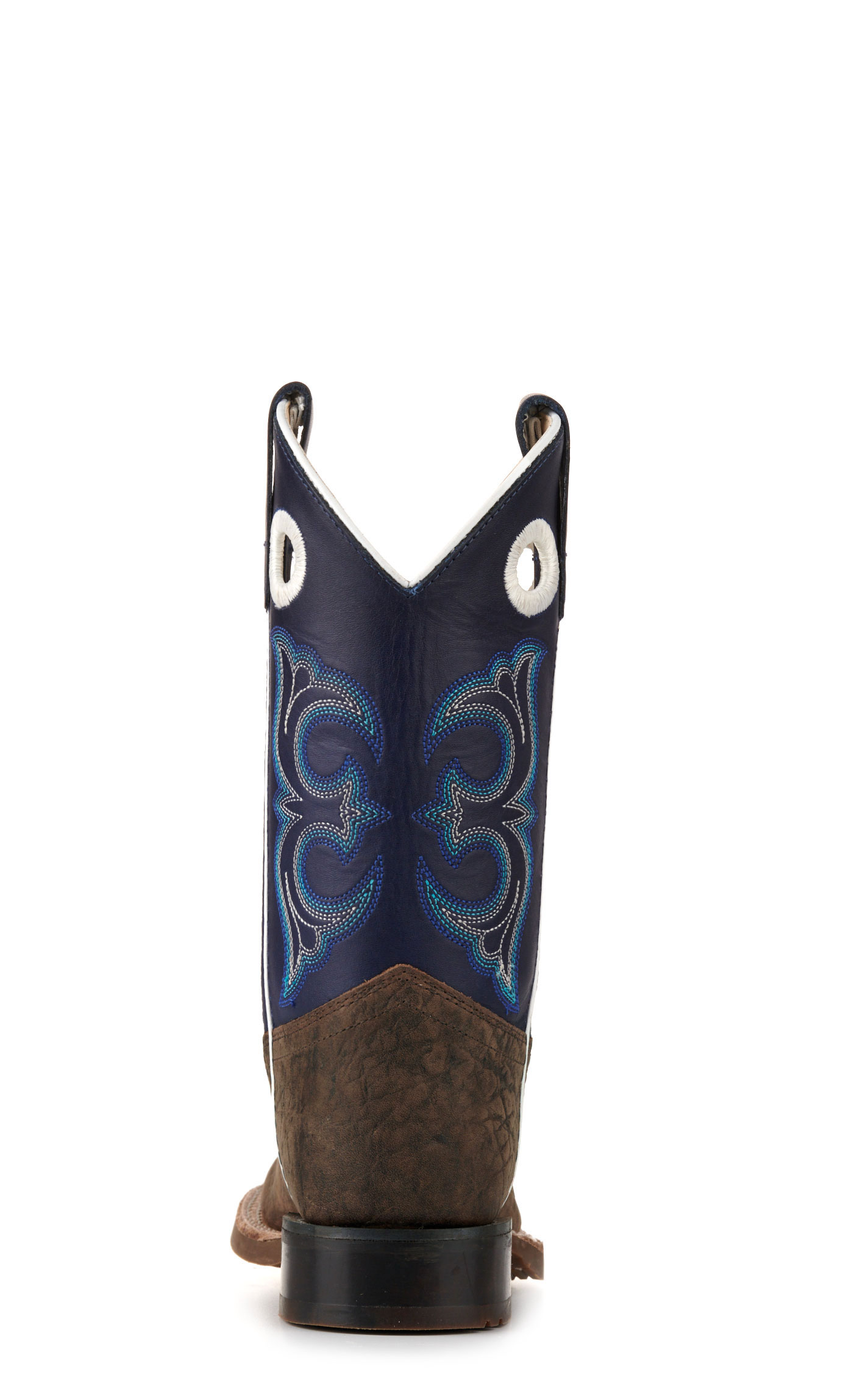Old West Youth Dark Brown and Blue Wide Square Toe Cowboy Boots - Image 1
