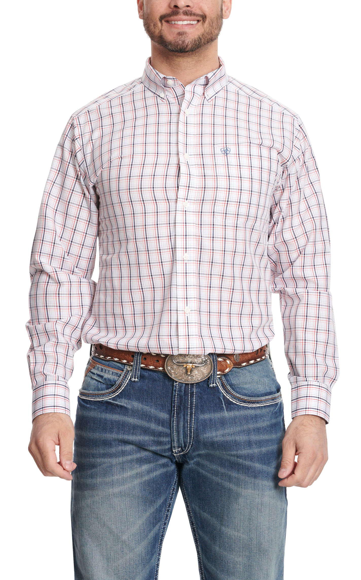 Ariat Men's Weston White Red & Navy Plaid Western Shirt - Image 1