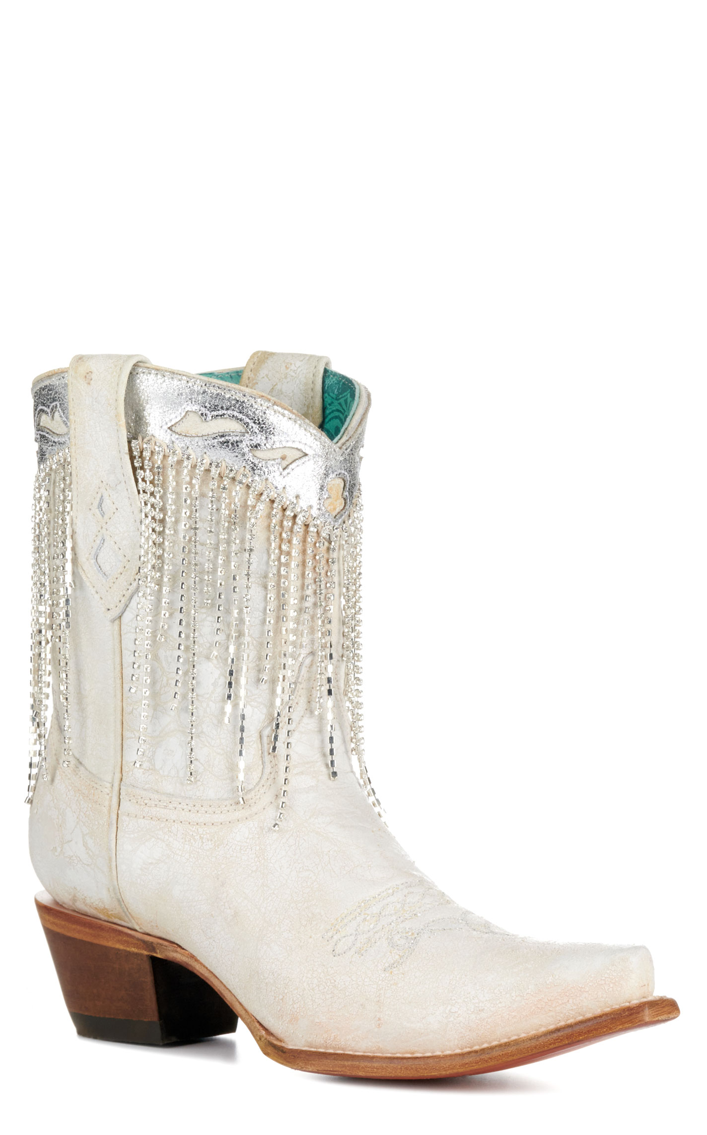Corral Women's Distressed White with Crystal Fringe Snip Toe Cowboy Booties - Image 1