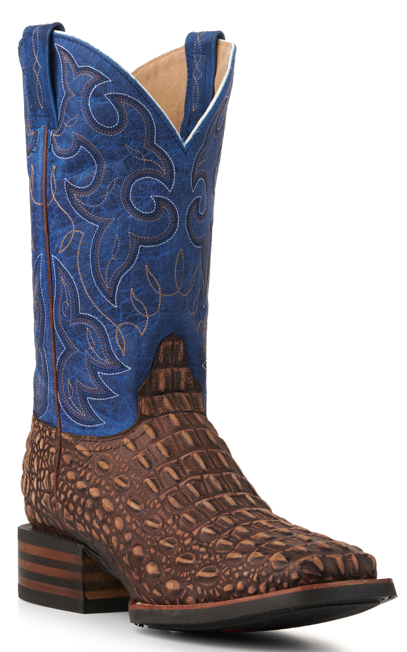 Cavender's Men's Intrepid Rustic Chocolate Caiman Print and Blue Wide Square Toe Cowboy Boots - Image 1