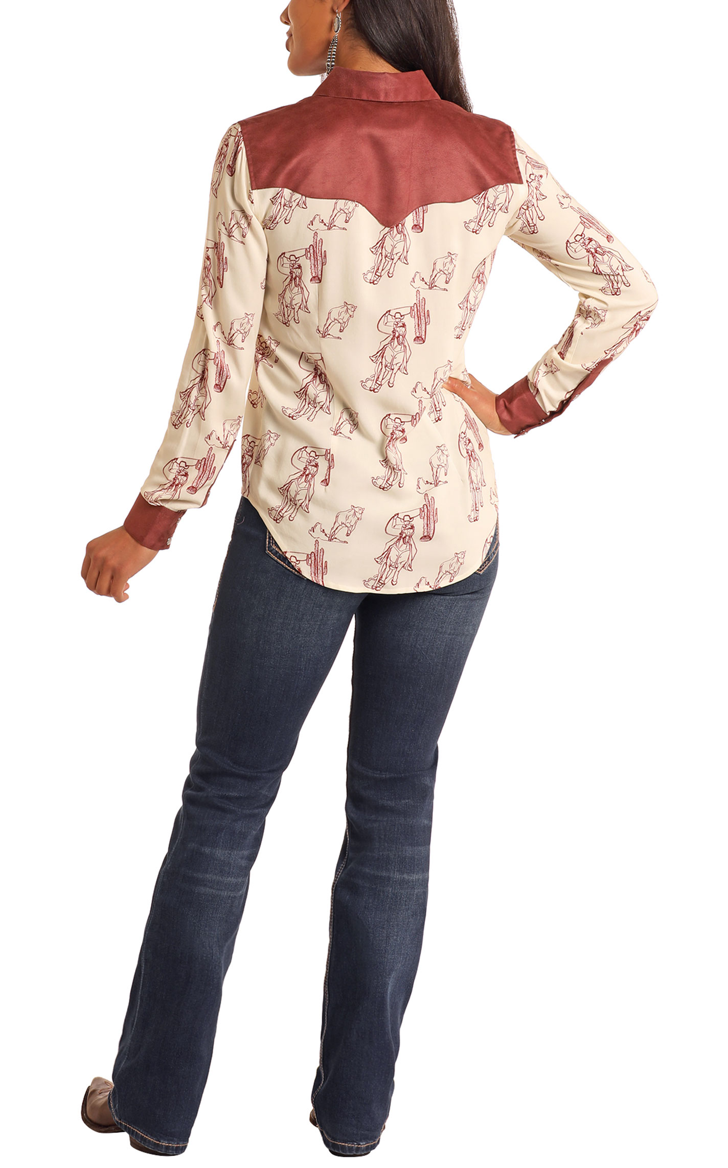 Panhandle Women's Burgundy & Cream Western Print Top - Image 1