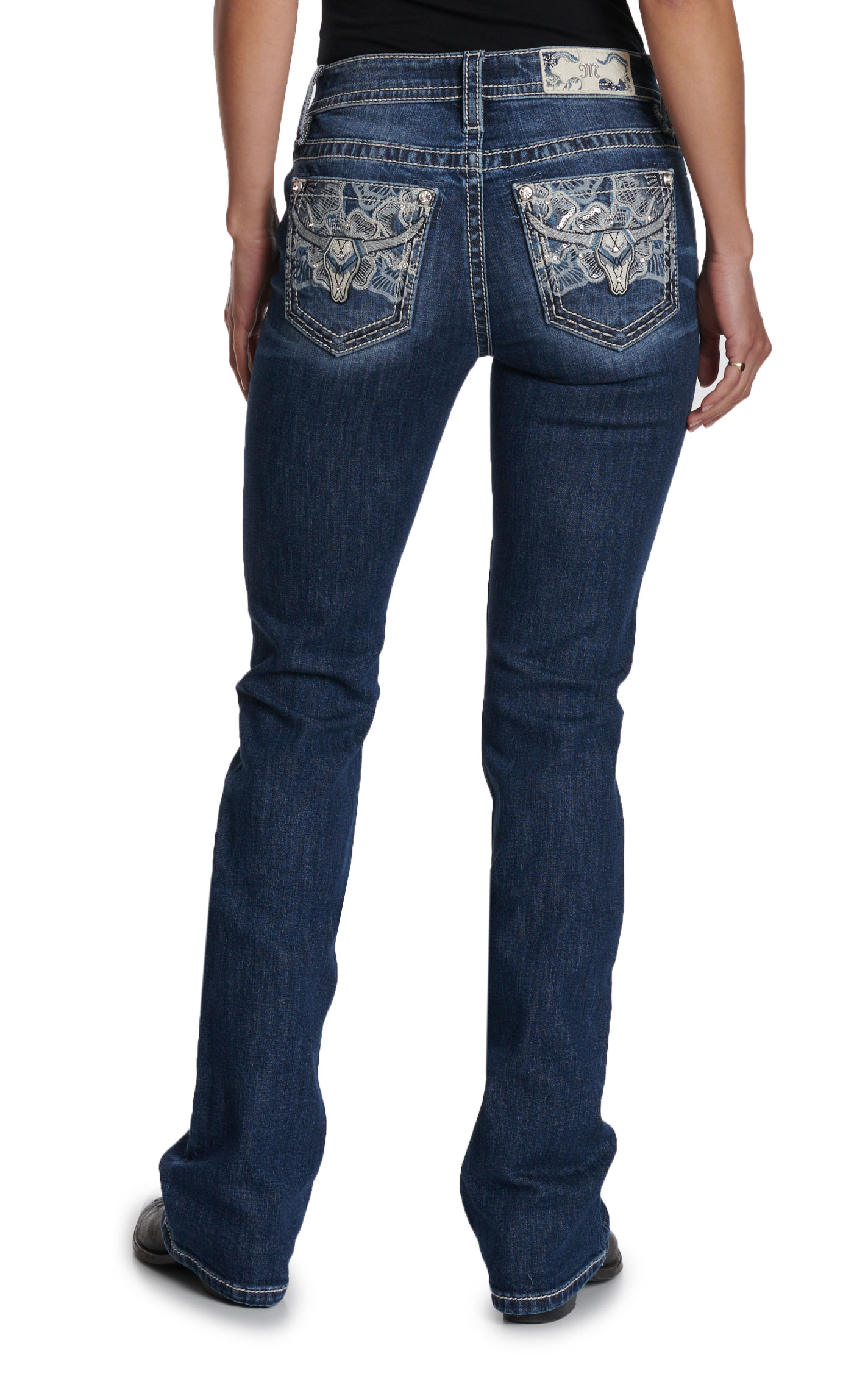 Miss Me Women’s Medium Wash Lace Longhorn Open Pocket 34” Bootcut Jeans - Image 1