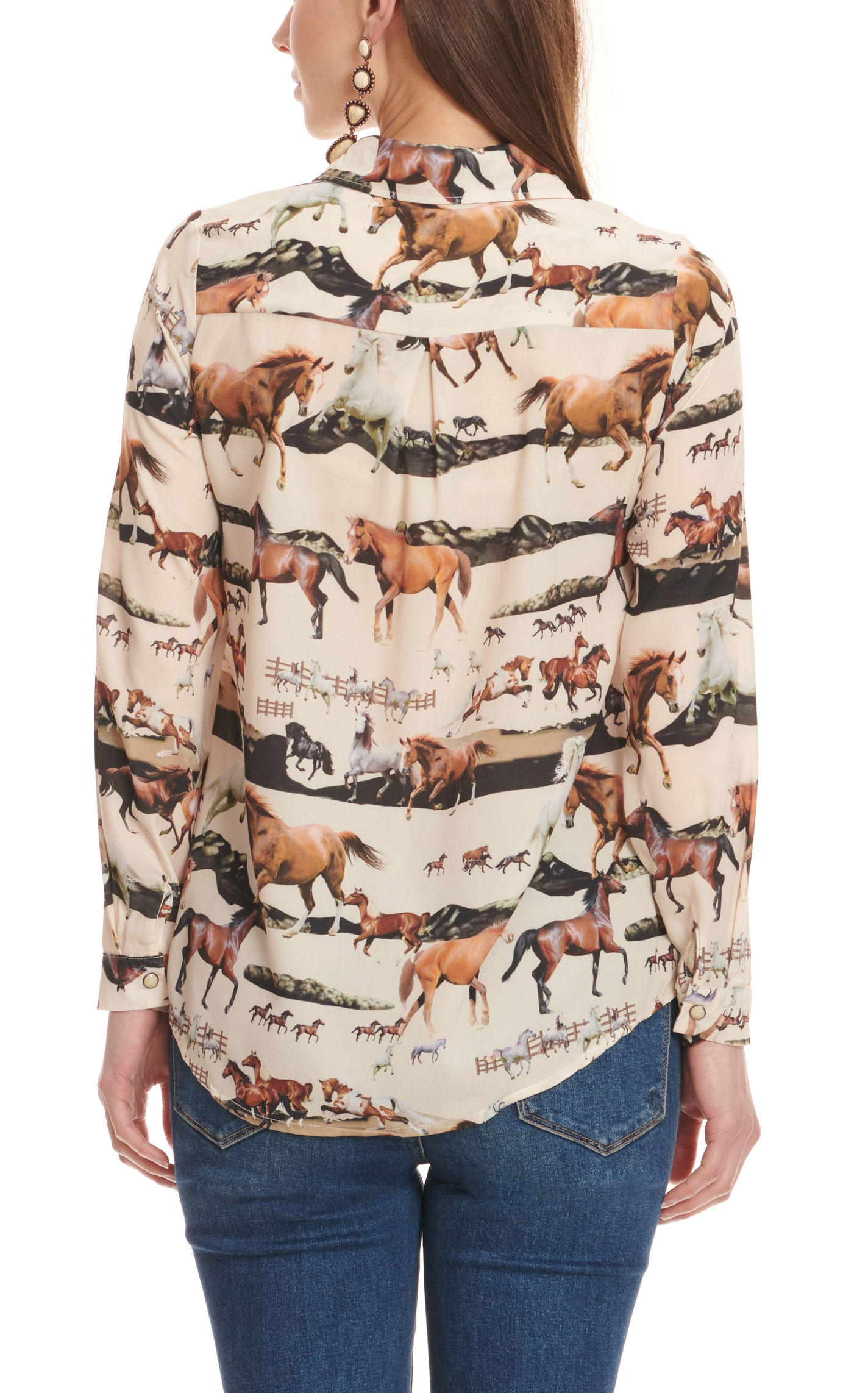 Fashion Express Women's Cream with Multiple Horse Print Long Sleeve Western Shirt  - Image 1