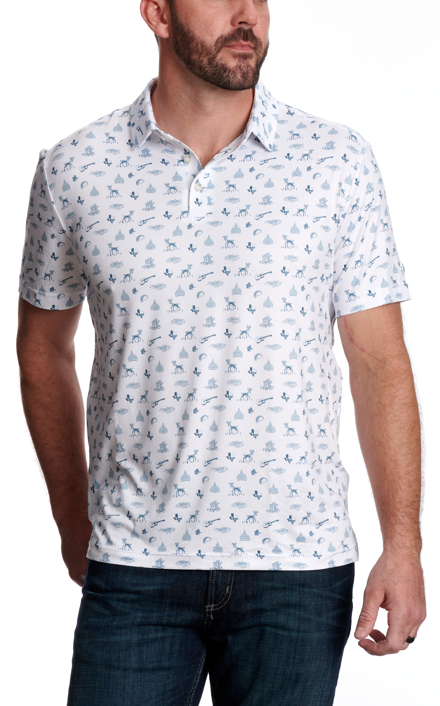 BURLEBO Men's White & Steel Blue Lone Star Print Performance Polo - Image 1