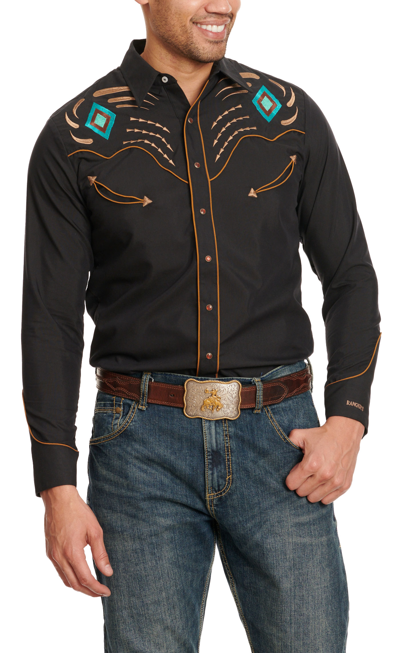 Ranger's Legend Men's Black & Colorful Longhorn Embroidery Long Sleeve Western Shirt - Image 1
