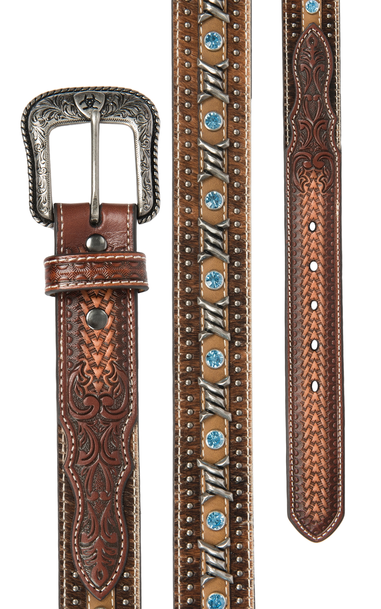 Ariat Men's Brown Barbed Wire and Calf Hair with Light Blue Studs Western Belt - Image 1