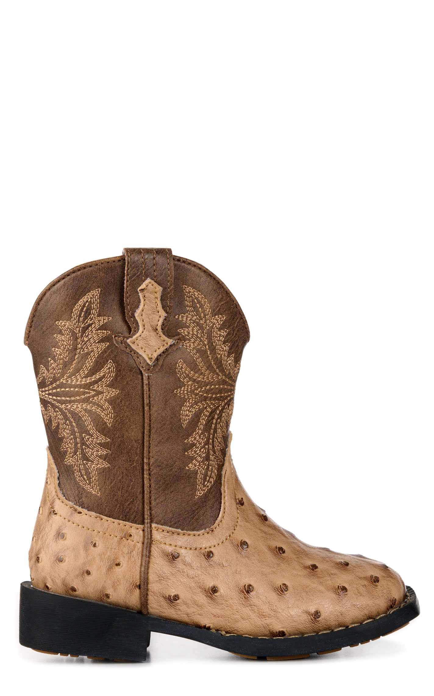 Roper Toddler's Jed Brown and Tan Ostrich Print Faux Leather Square Toe Boots - Image 1