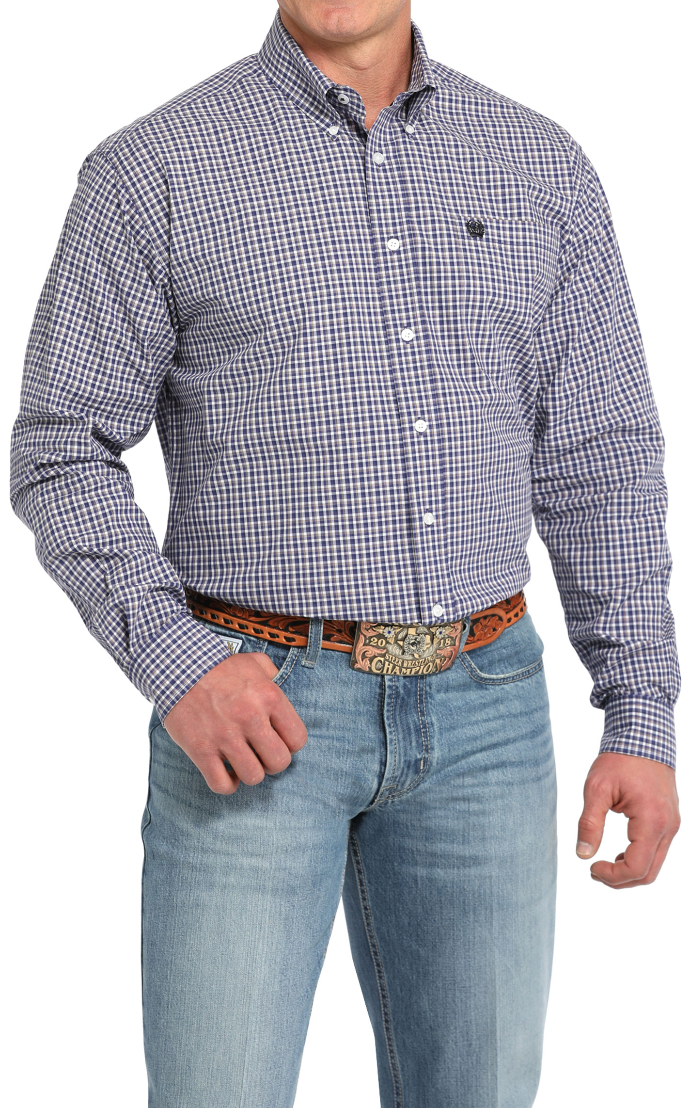 Cinch Men's Navy & White Plaid Western Shirt - Image 1