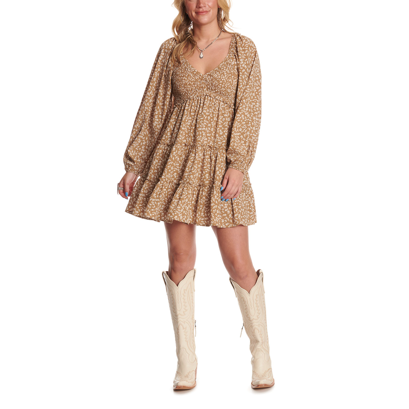 Yura Women's Latte Floral Print Tiered Ruffle Dress - Image 1