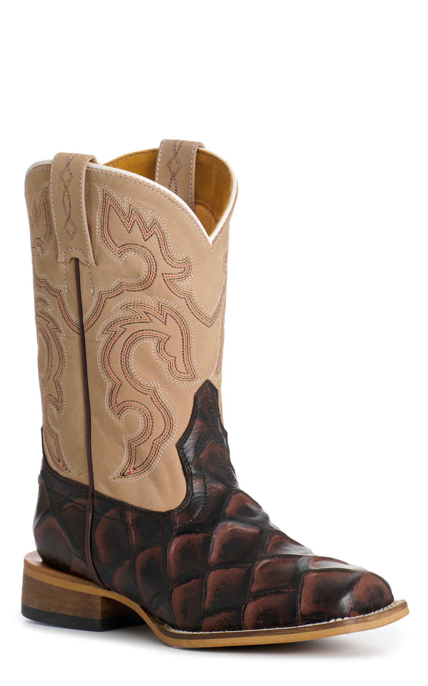 Cavender's Kid's Tobacco & Tan Pirarucu Print Wide Square Toe Cowboy Boots - Image 1