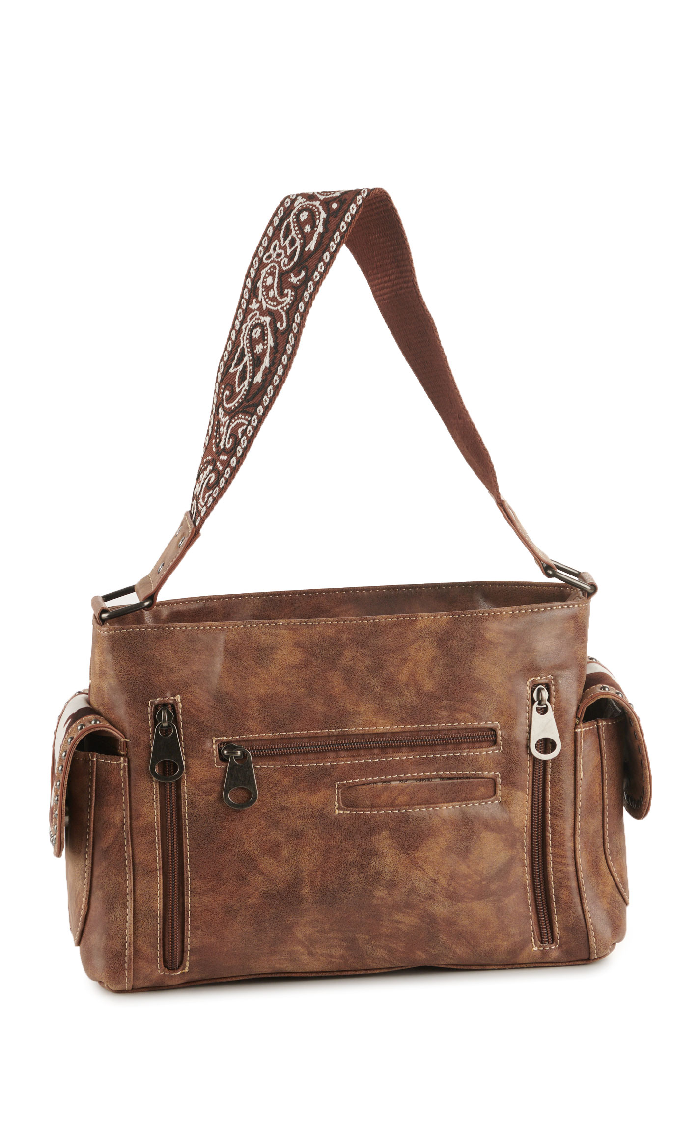 Nocona Tan & Soft Cow Print Leather with Paisley Embroidery Over the Shoulder Bag - Image 1