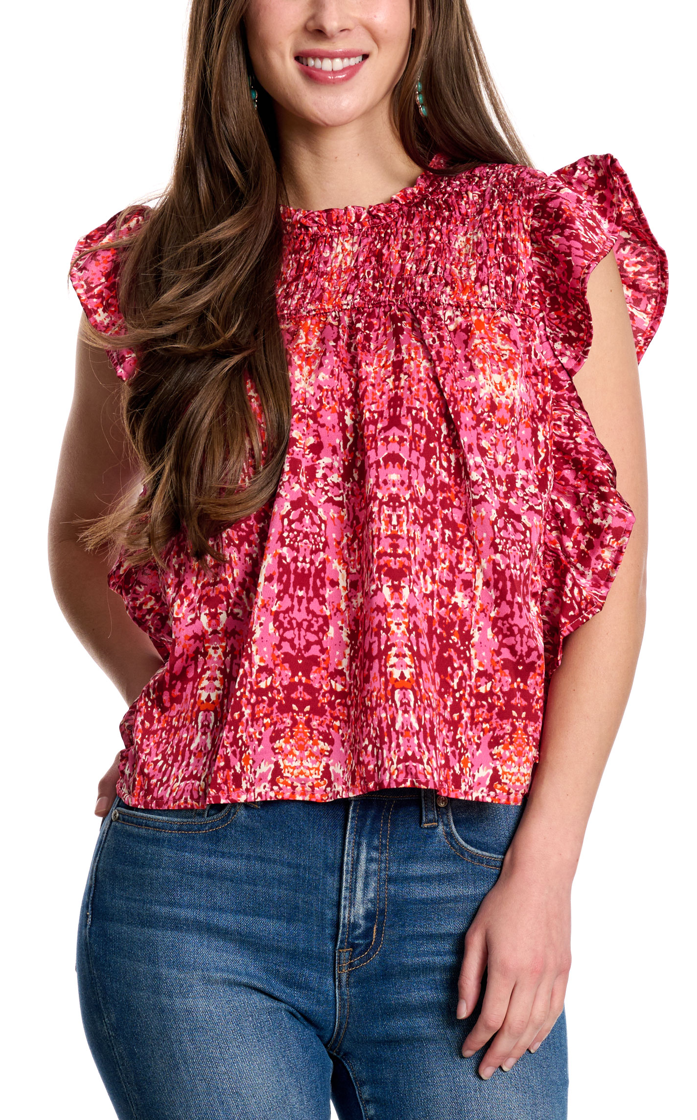 TCEC Women's Red & Hot Pink Print Ruffle Top - Image 1
