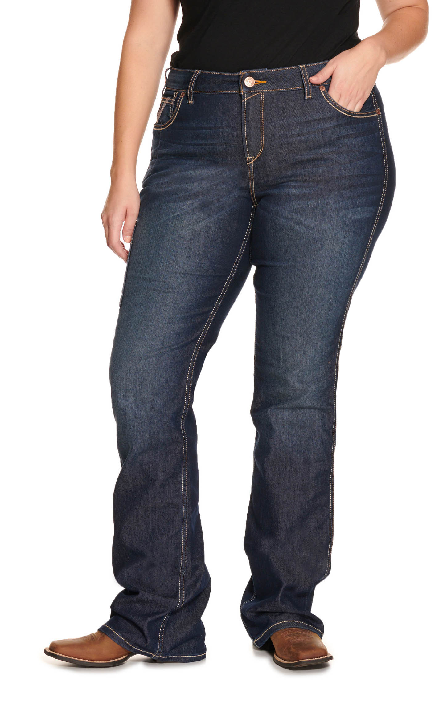 Ariat Rebar Women's DuraStretch Riveter Dark Wash Mid Rise Boot Cut Work Jeans - Image 1