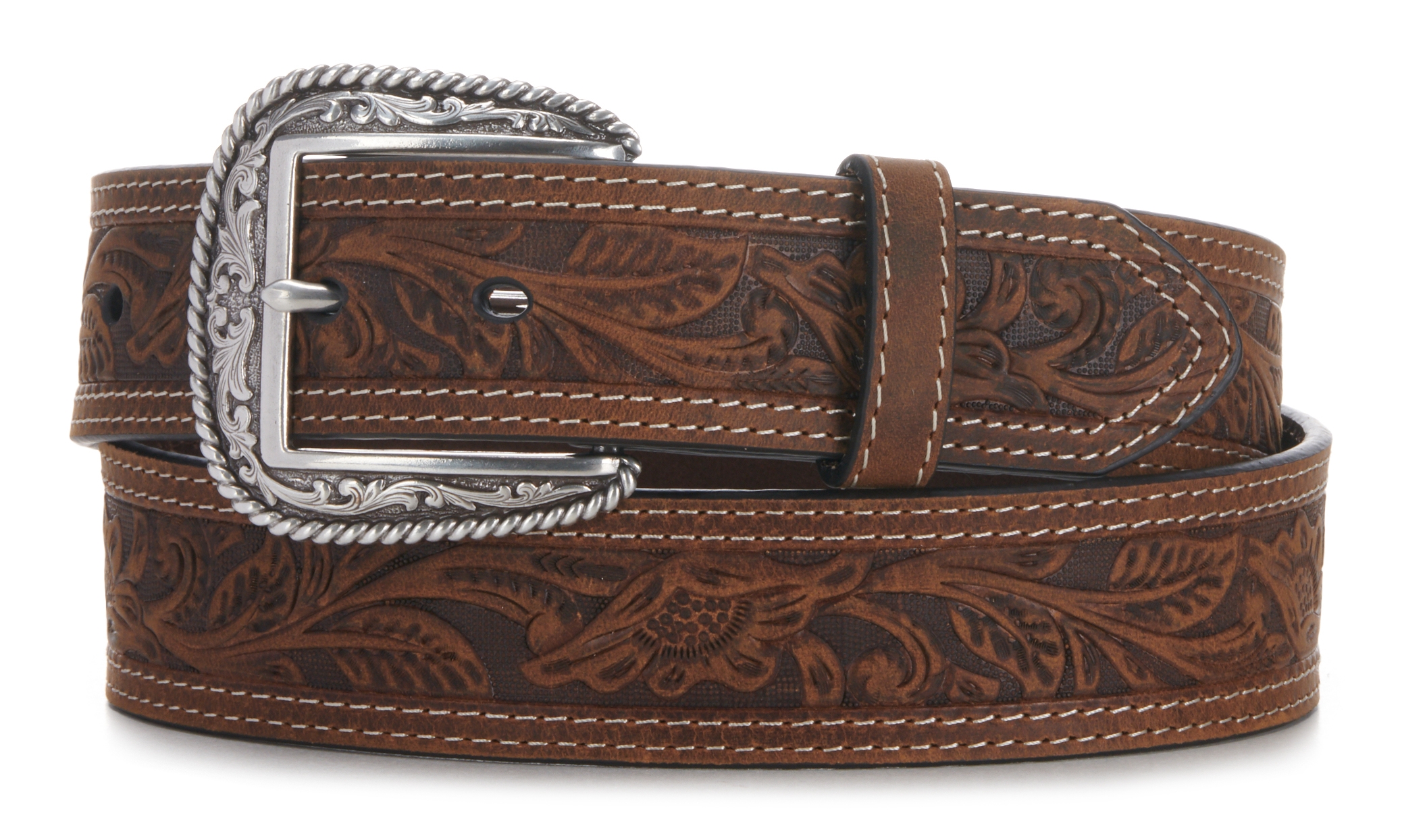 Ariat Brown Tooled Double Stitched Men's Western Belt - Image 1