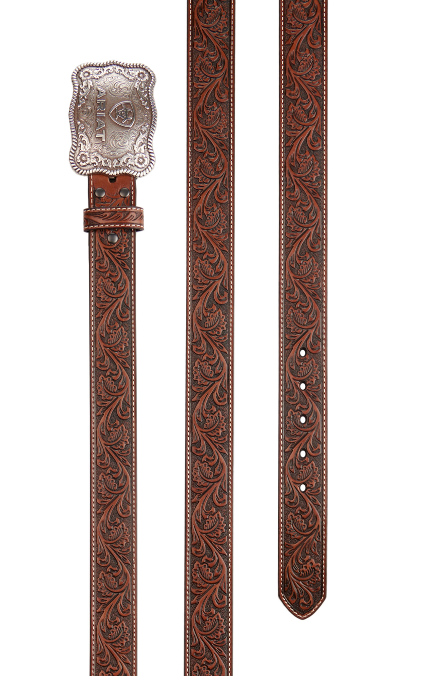 Ariat Men's Etched Silver Buckle & Brown Genuine Leather Floral Tooled Belt - Image 1