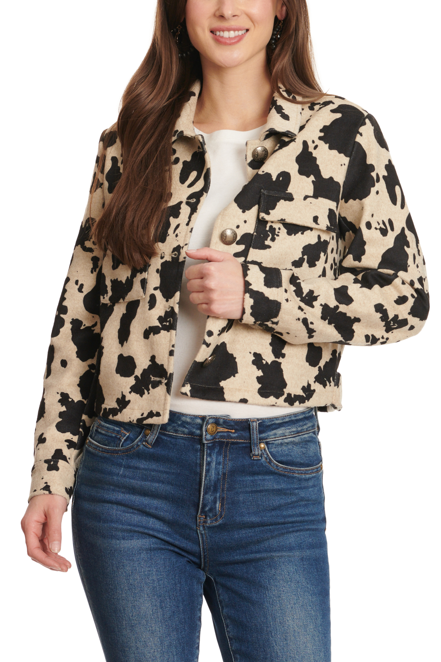 Fashion Express Women's Sand & Black Cow Print Long Sleeve Cropped Jacket - Image 1