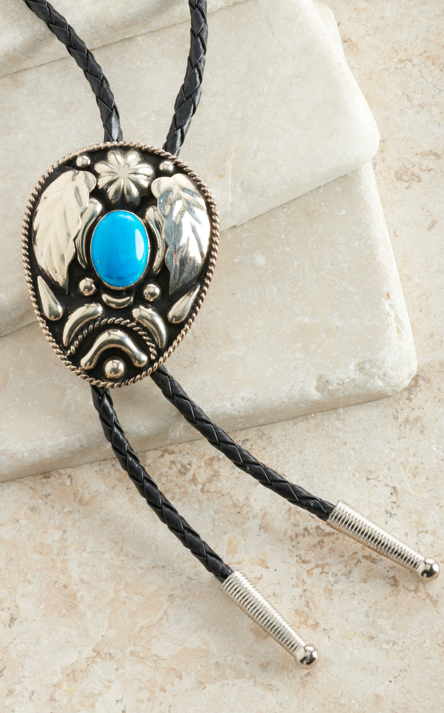 M&F Western Antique Silver & Black with Turquoise Southwest Bolo Tie - Image 1