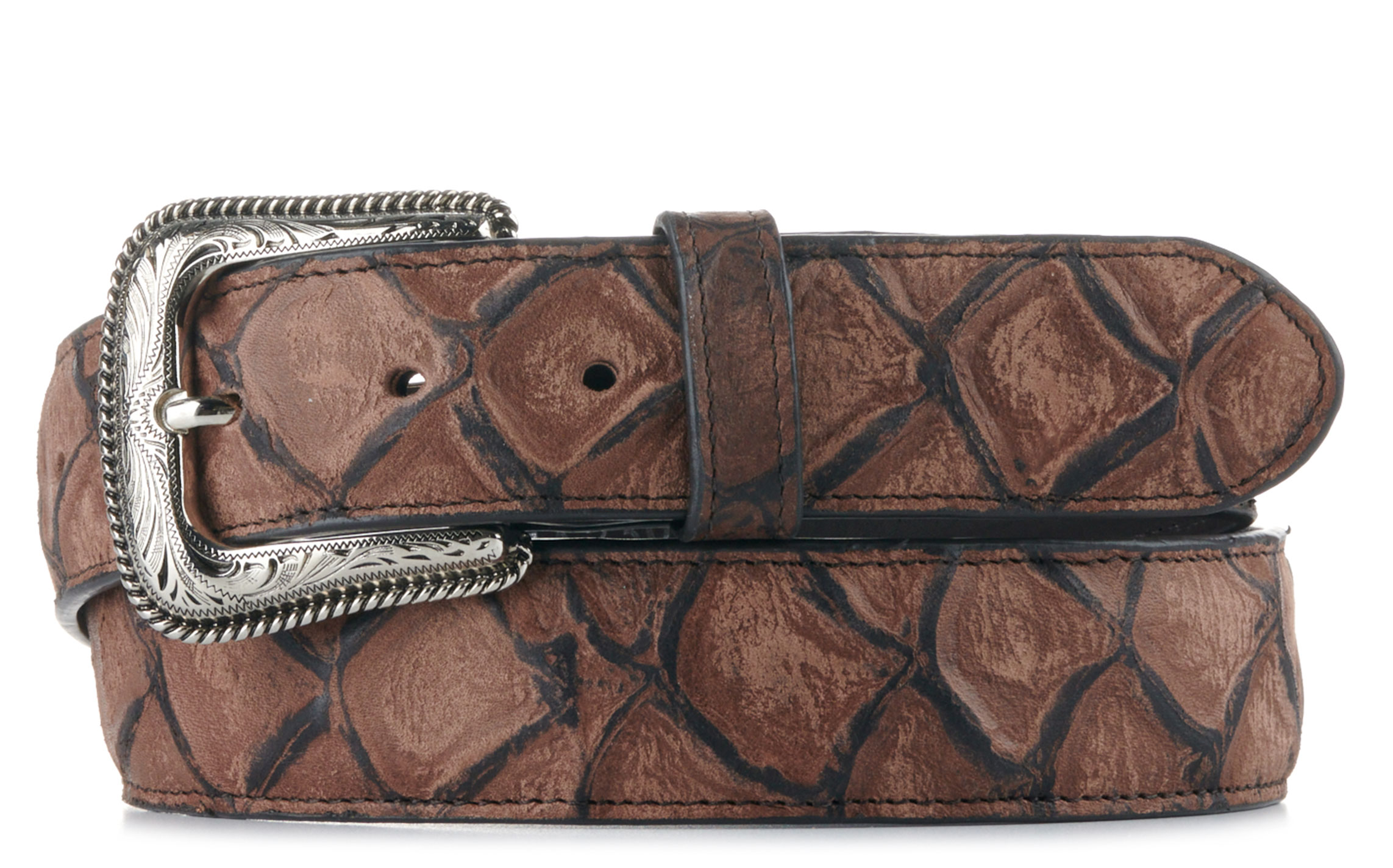 Cavender's Men's Matte Chocolate Pirarucu Fish Print Western Belt - Image 1