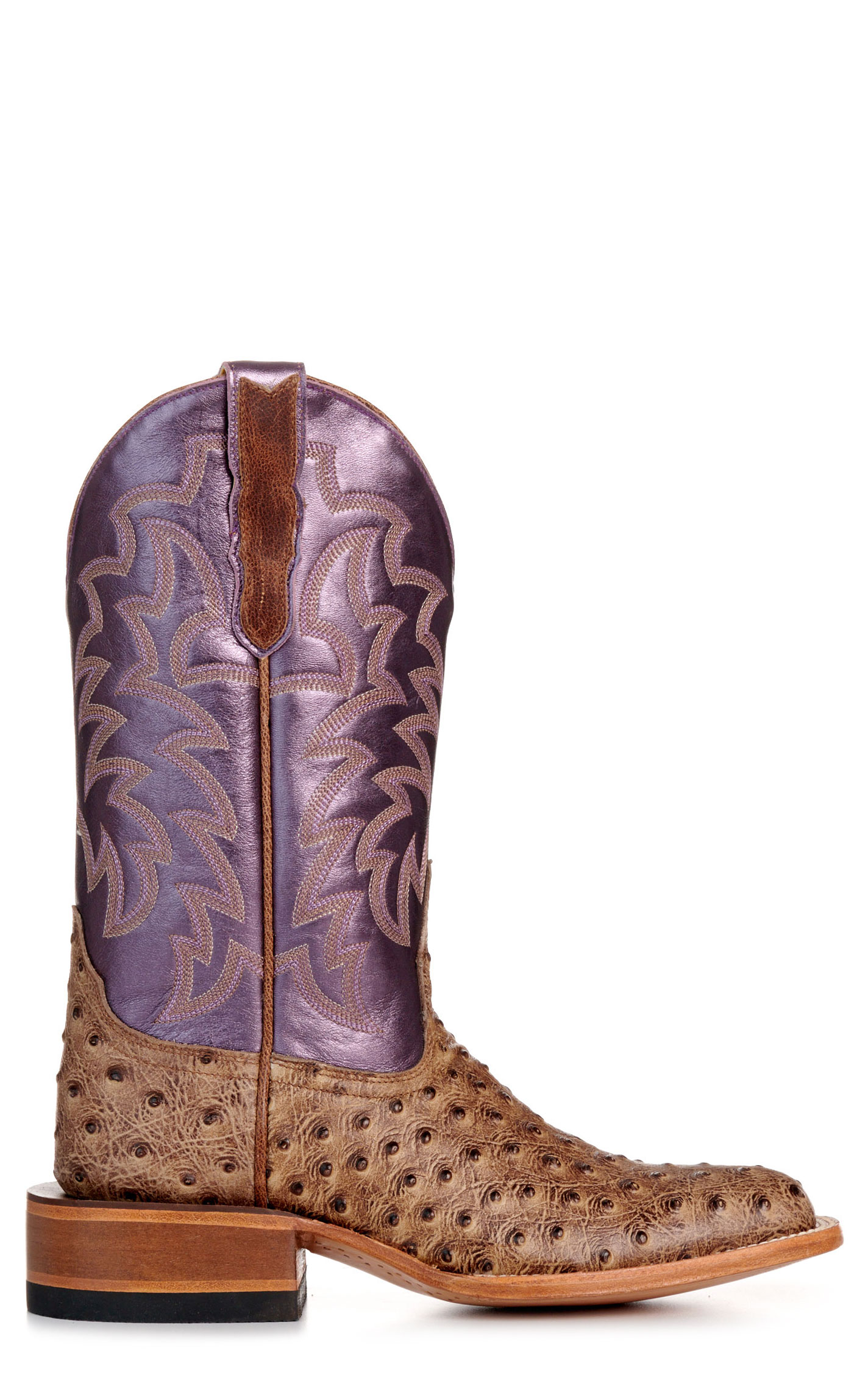 Cavender’s Women’s Endurance Sand Ostrich Print and Metallic Purple Wide Square Toe Cowboy Boots - Image 1