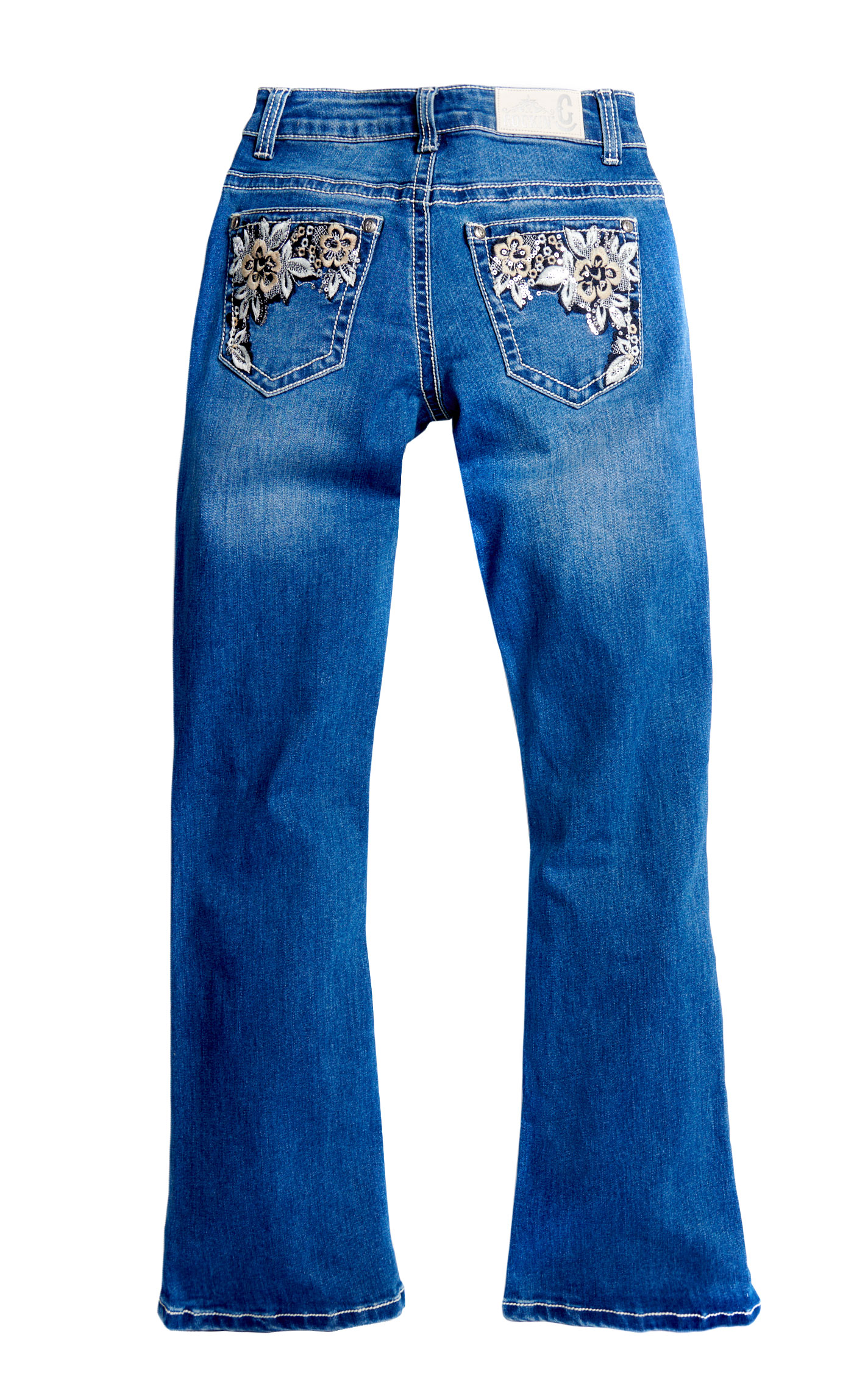 Rockin C Girl's Medium Wash Floral Embroidery Pocket Jeans - Image 1