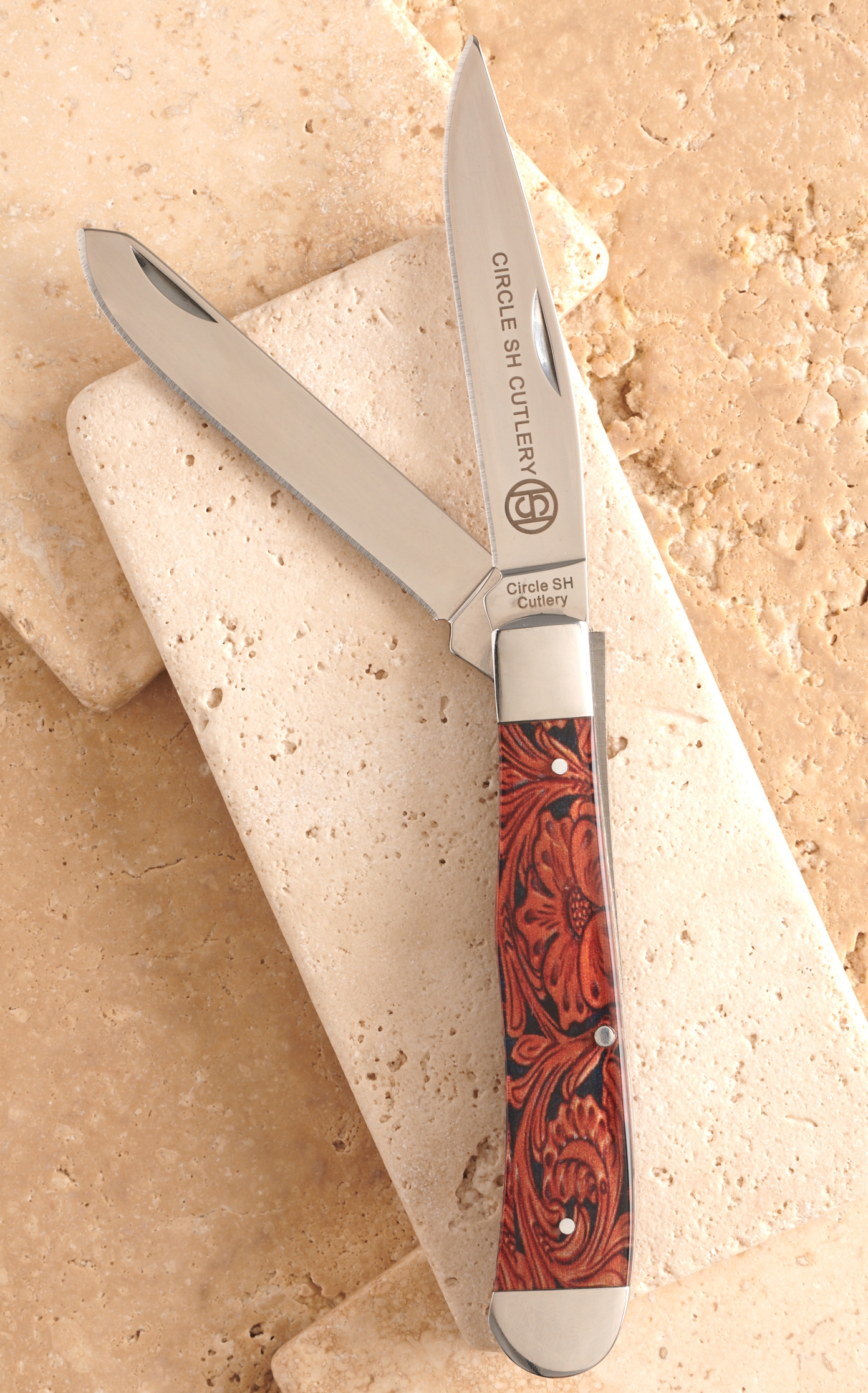 Circle SH Cutlery Acrylic Floral Tooled Leather Print Trapper Knife - Image 1
