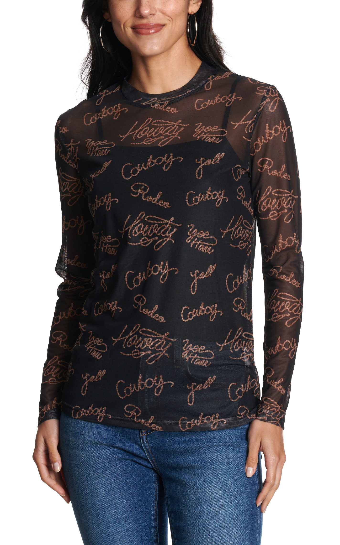 Turquoise Haven Women's Black Lasso Print Mesh Top - Image 1