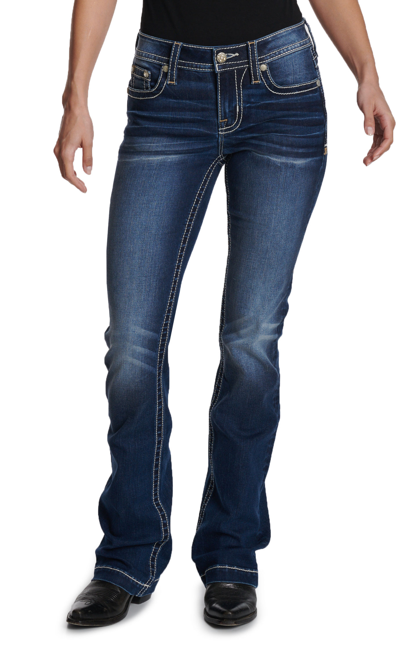 Miss Me Women’s Dark Wash Signature ‘M’ Flap Pocket 34” Bootcut Jeans - Image 1