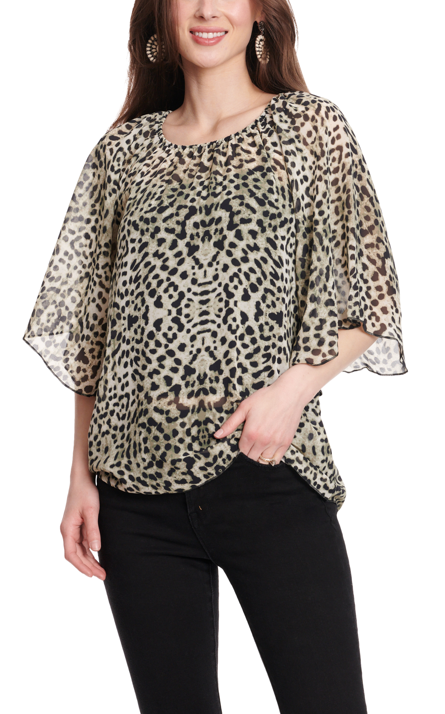 Cowgirl Hardware Women's Leopard Print Chiffon 3/4 Angel Sleeve Top - Image 1