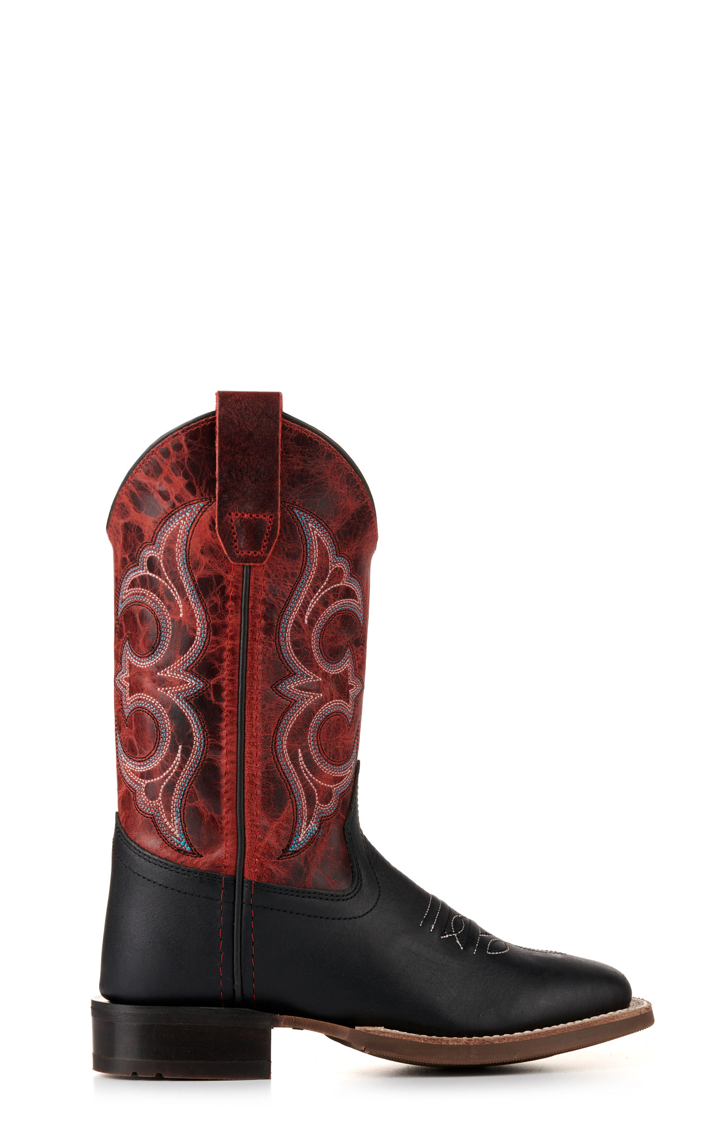 Old West Youth Black and Burnt Red Wide Square Toe Cowboy Boots - Image 1