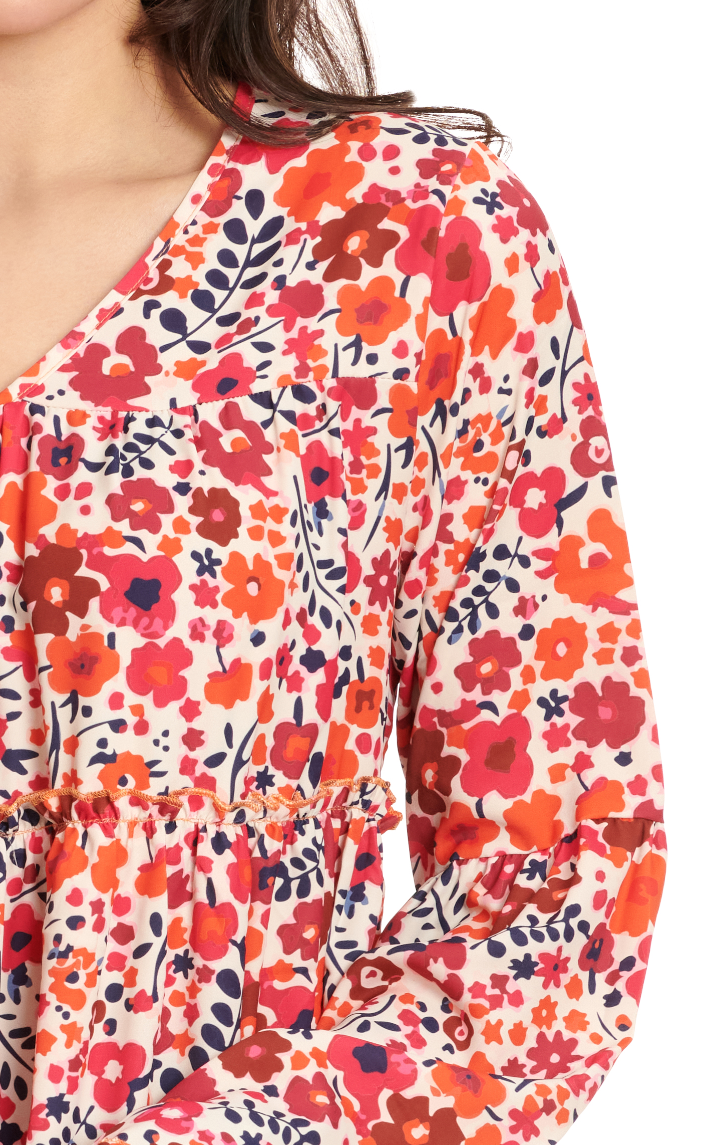 Grace & Emma Women's Tangerine & Berry Floral Print Baby Doll Long Sleeve Top - Image 1