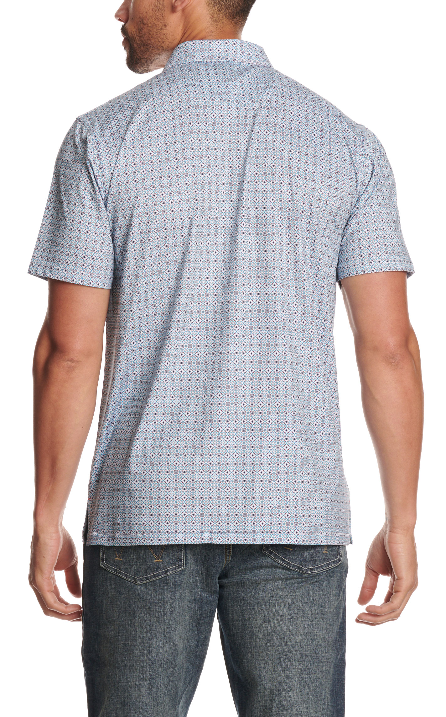 Rafter C Men's Blue Geo Print Performance Polo Shirt - Image 1