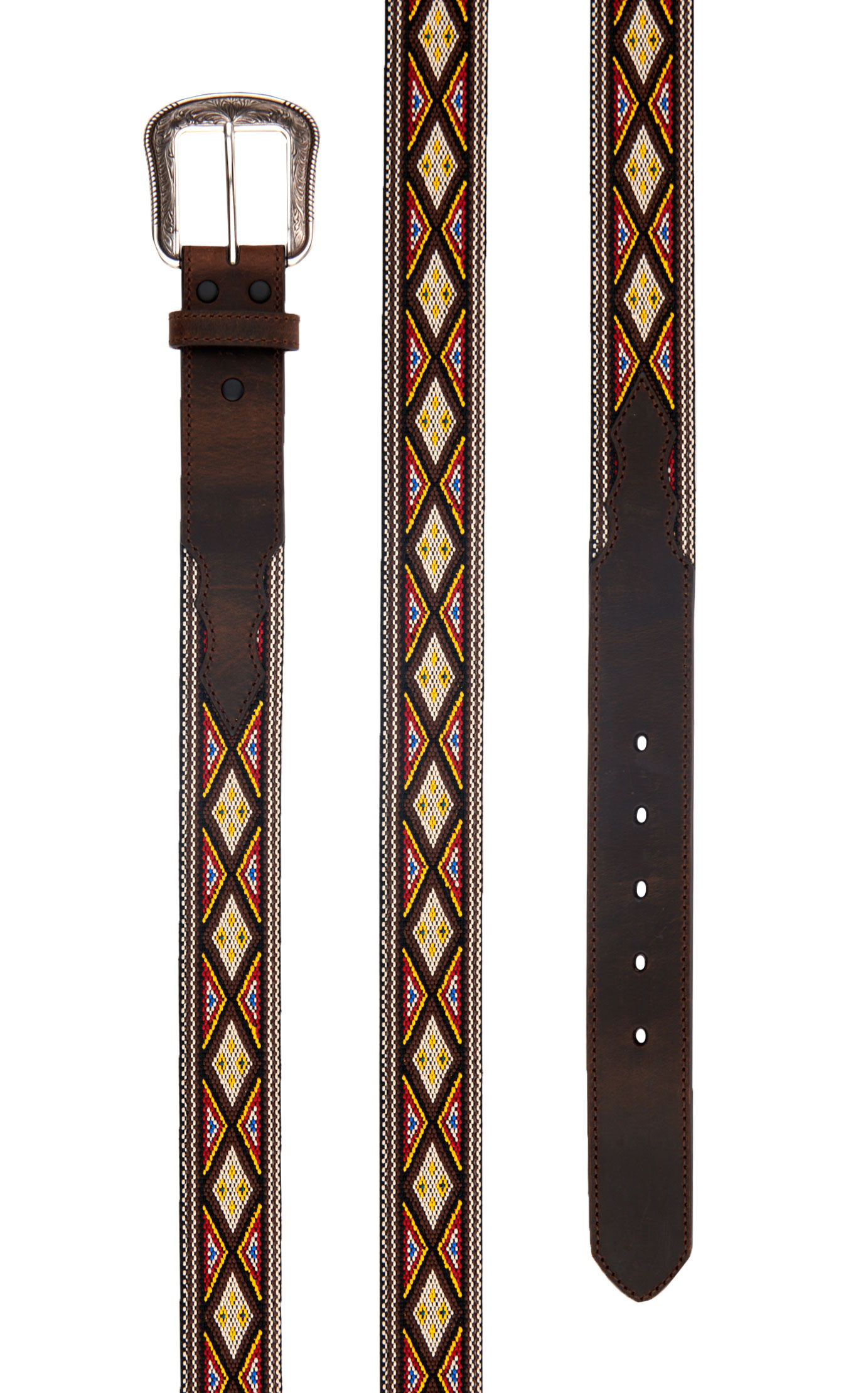 Rafter C Men’s Silver Buckle Aztec Print Beaded Western Belt - Image 1