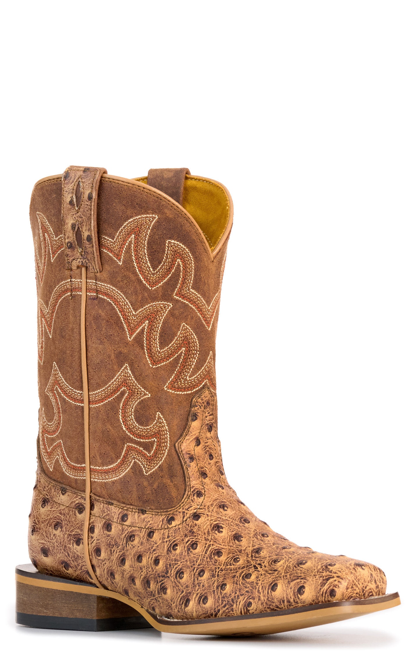Cavender's Kids' Camel Ostrich Print and Brown Wide Square Toe Cowboy Boots - Image 1