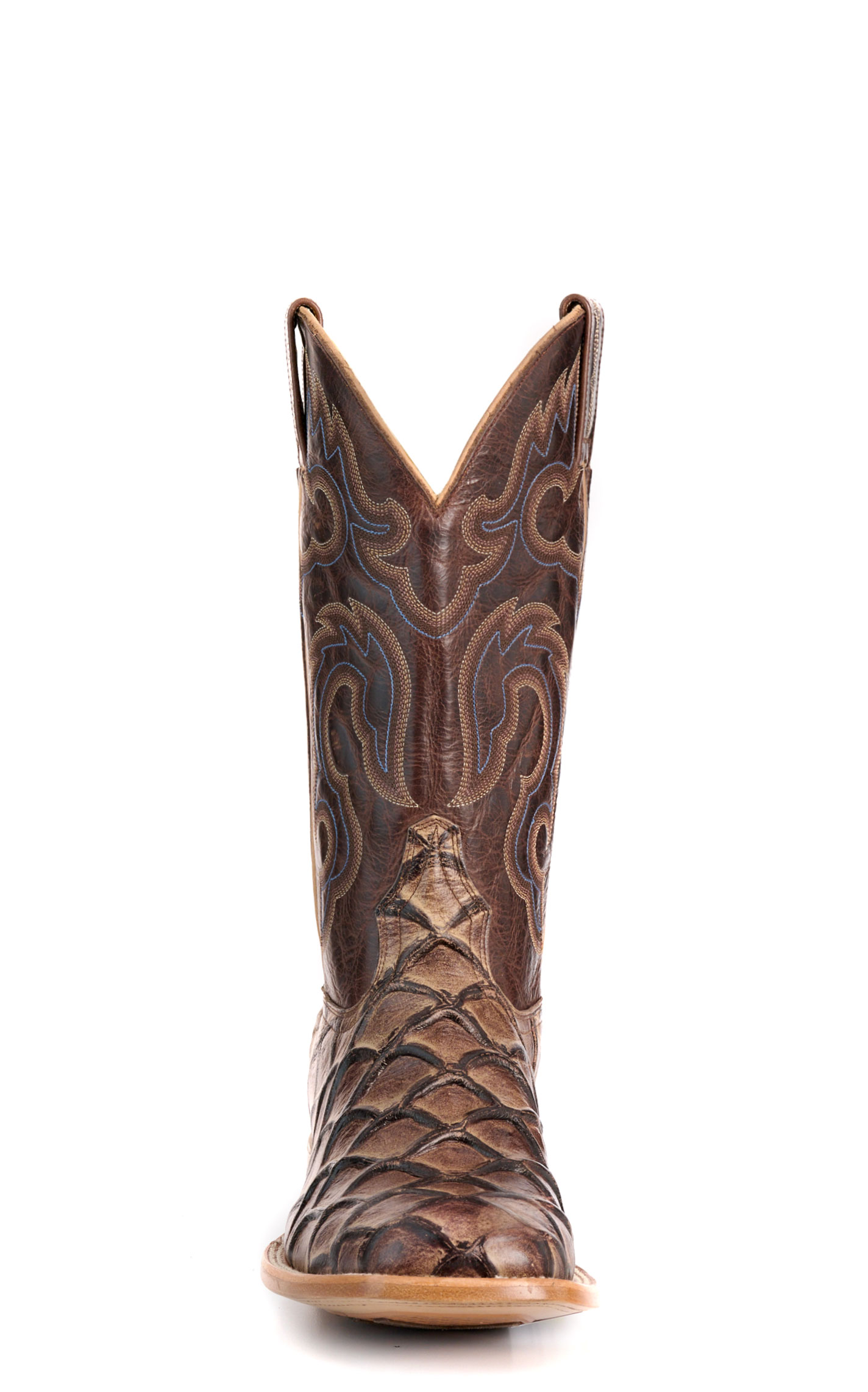 Cavender's Men's Endurance Oak Pirarucu Print and Chocolate Wide Square Toe Cowboy Boots - Image 1