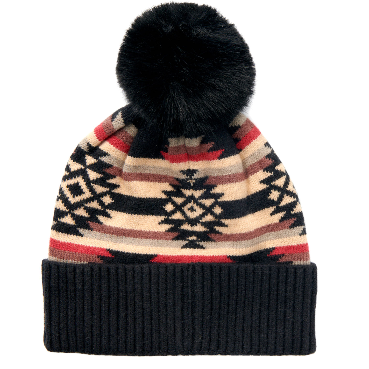 Girlie Girl Black Aztec Pom-Pom Knit Beanie - Image 1