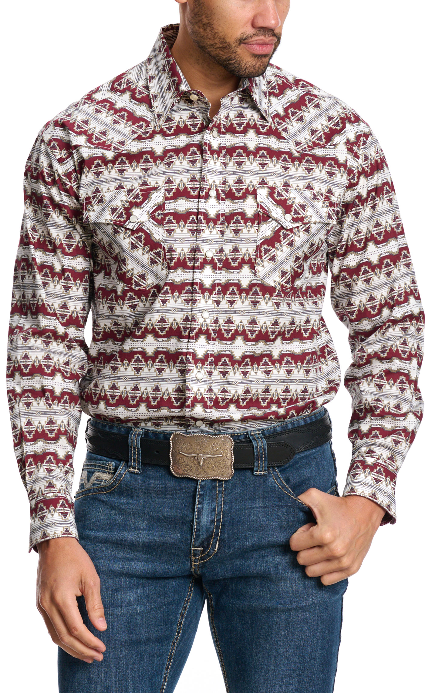 Panhandle Men's Rough Stock Burgundy & Taupe Aztec Western Shirt - Image 1