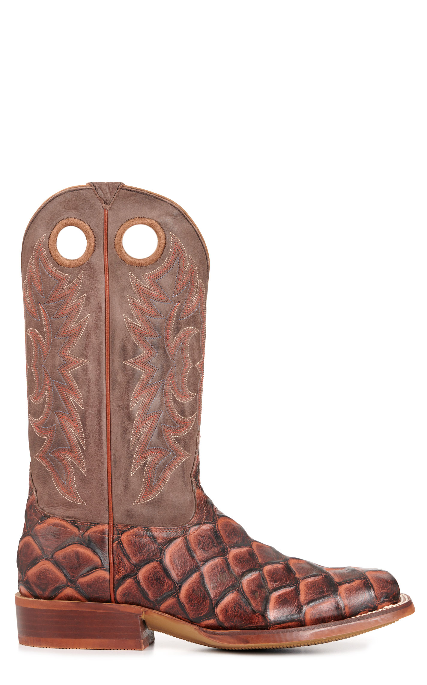 Cavender's Men's Intrepid Chocolate and Whisky Pirarucu Print Wide Square Toe Cowboy Boots - Image 1