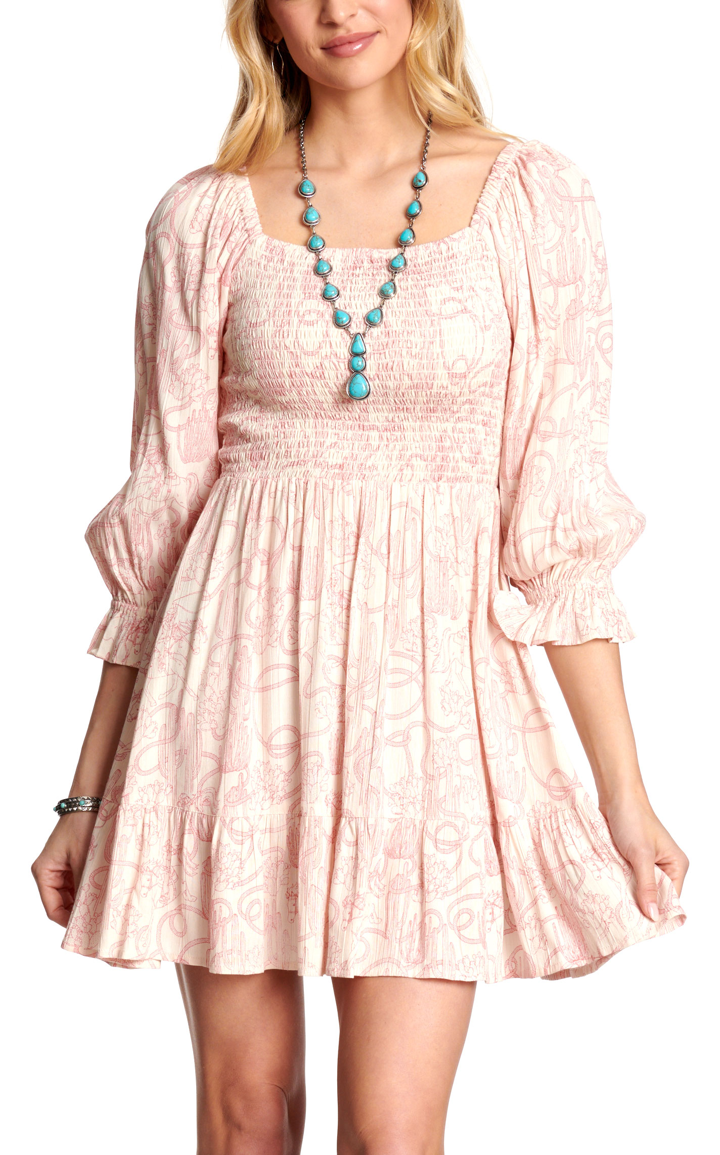 Rockin C Women's Pink Western Print Smocked Dress - Image 1