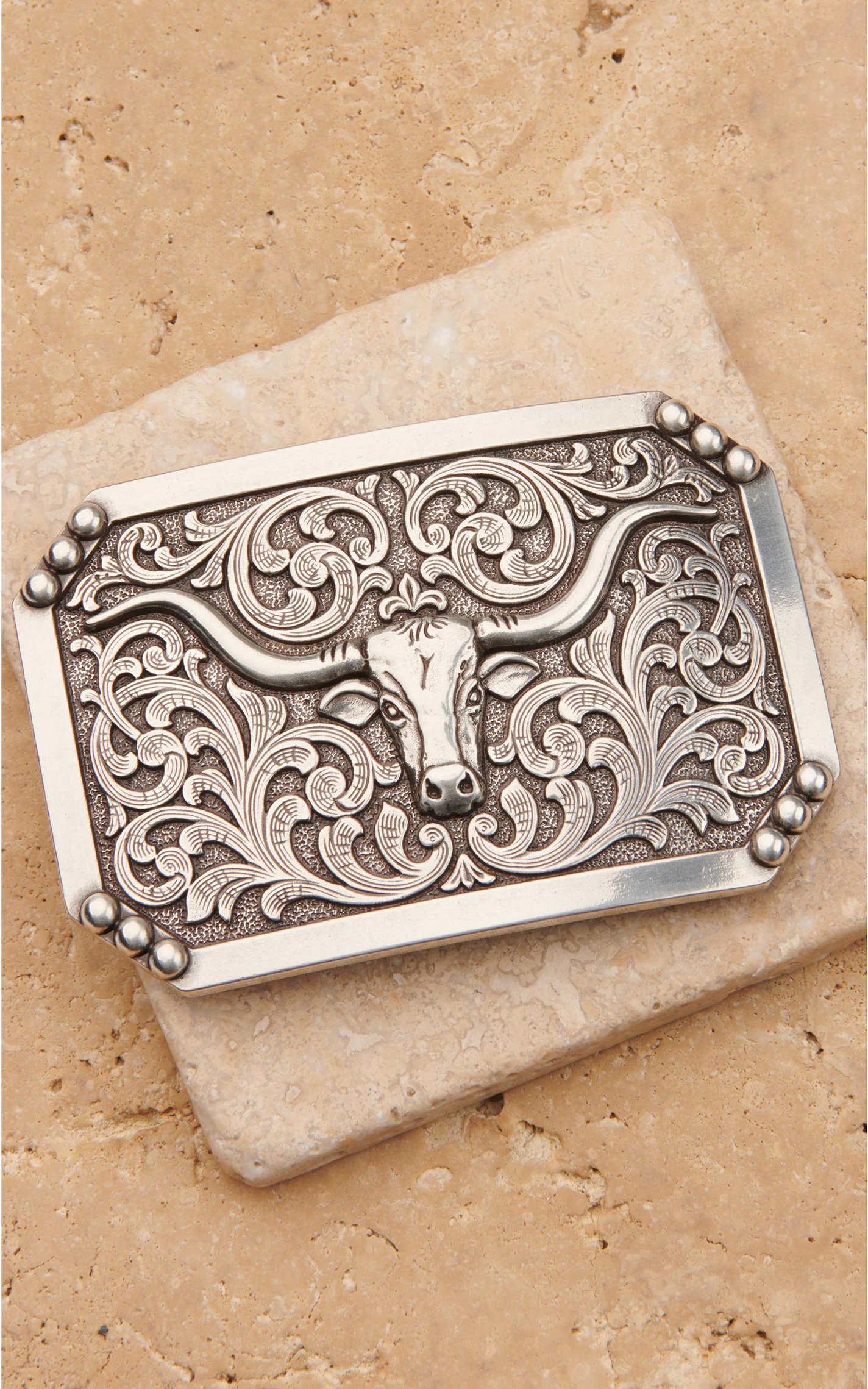Nocona Men's Silver Rectangle Longhorn and Scrolls Smooth Edge Belt Buckle - Image 1