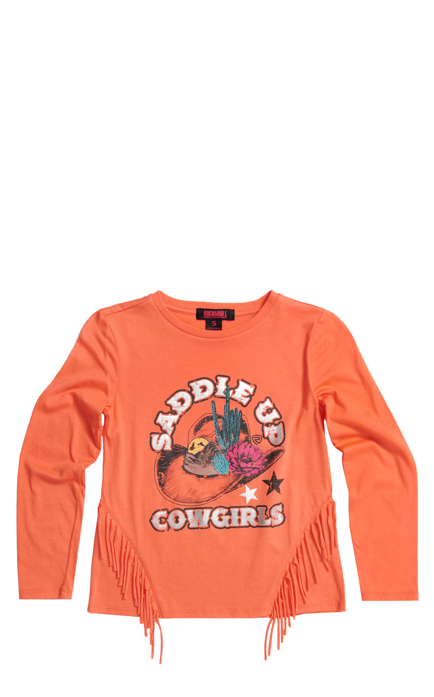 Rock & Roll Denim Girl's Coral Saddle Up Cowgirls Graphic Fringed Shirt - Image 1