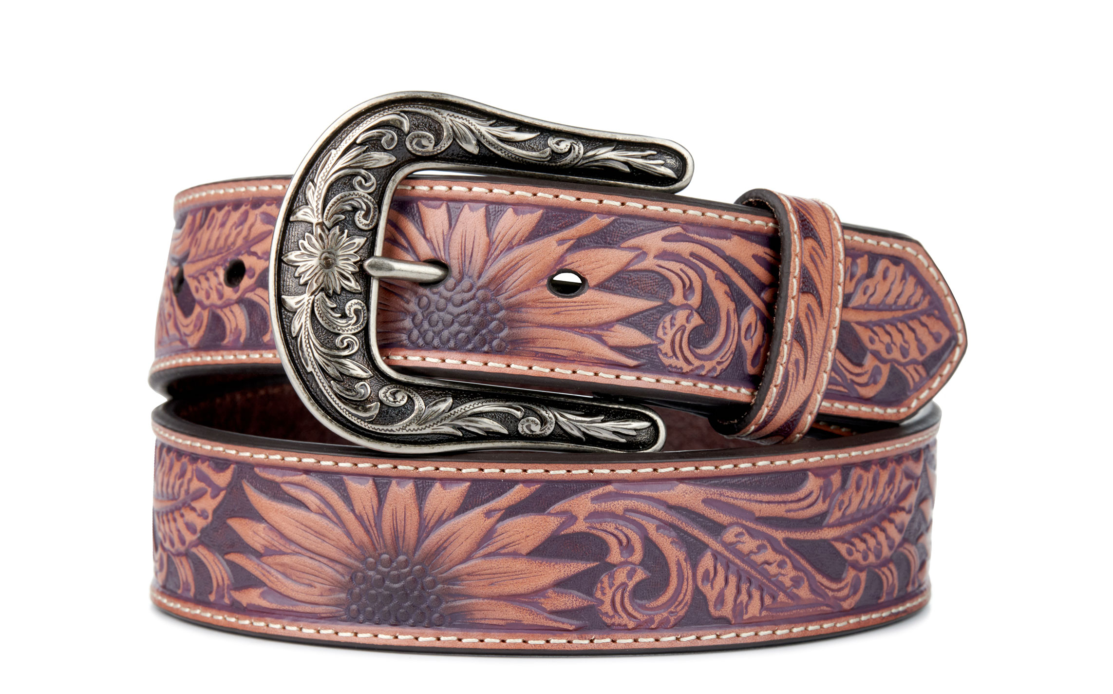 Nocona Women's Shades of Coffee Sunflower Tooled Leather Western Belt - Image 1