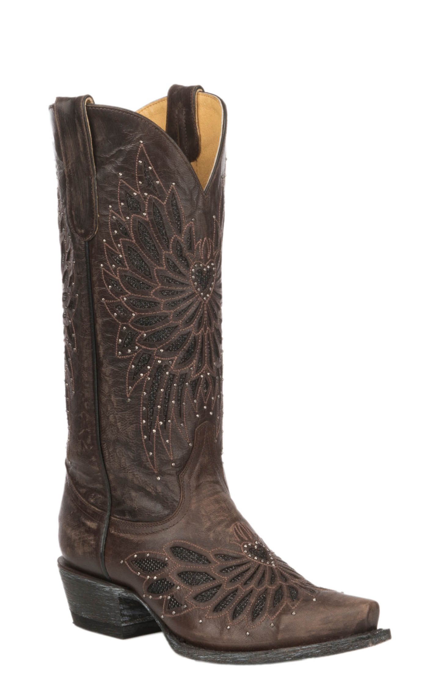 Cavender’s Women’s Chocolate Leather with Black Crystal Inlay Snip Toe Cowboy Boots - Image 1