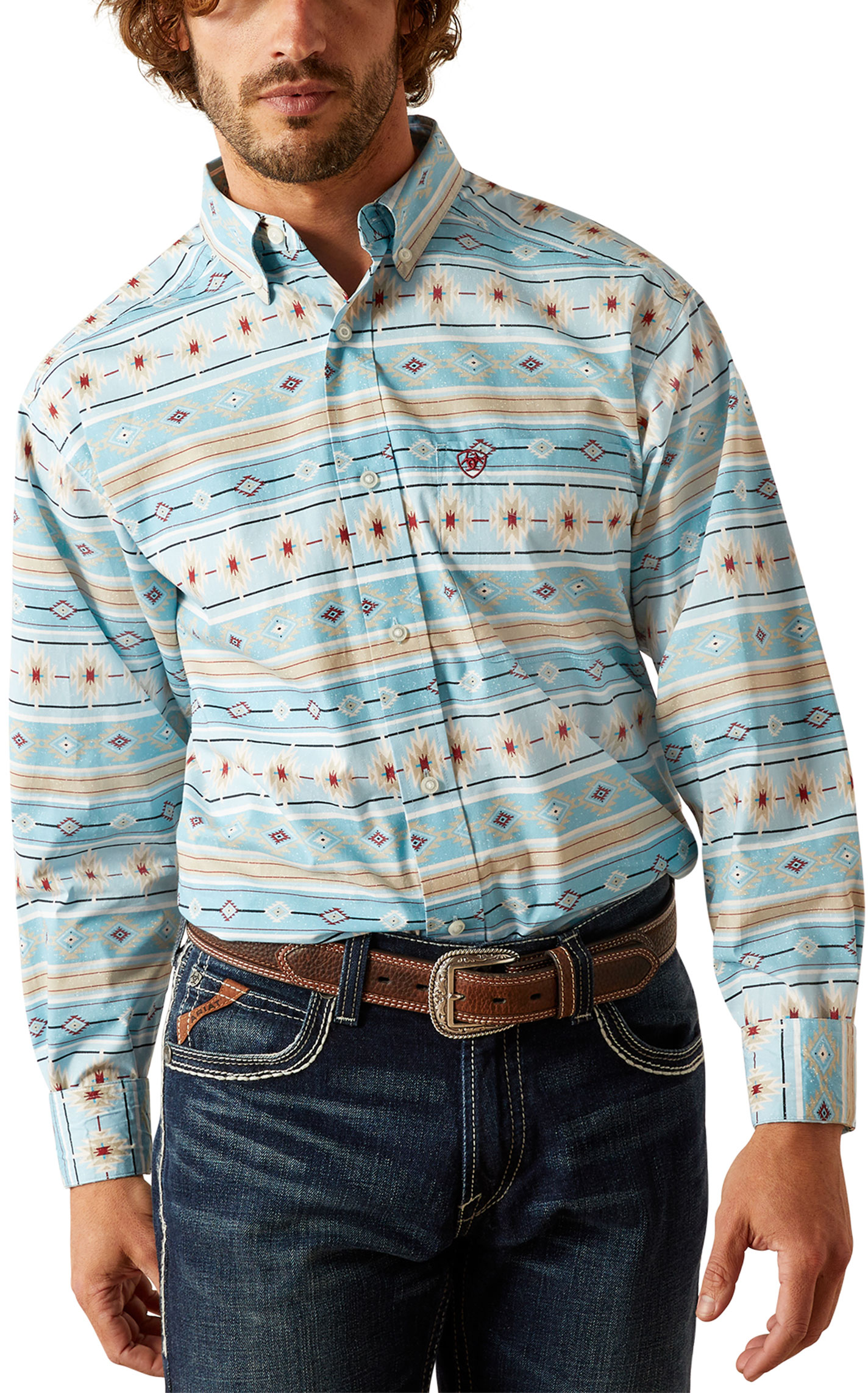 Ariat Men's Gorman Light Turquoise & Khaki Aztec Western Shirt - Image 1