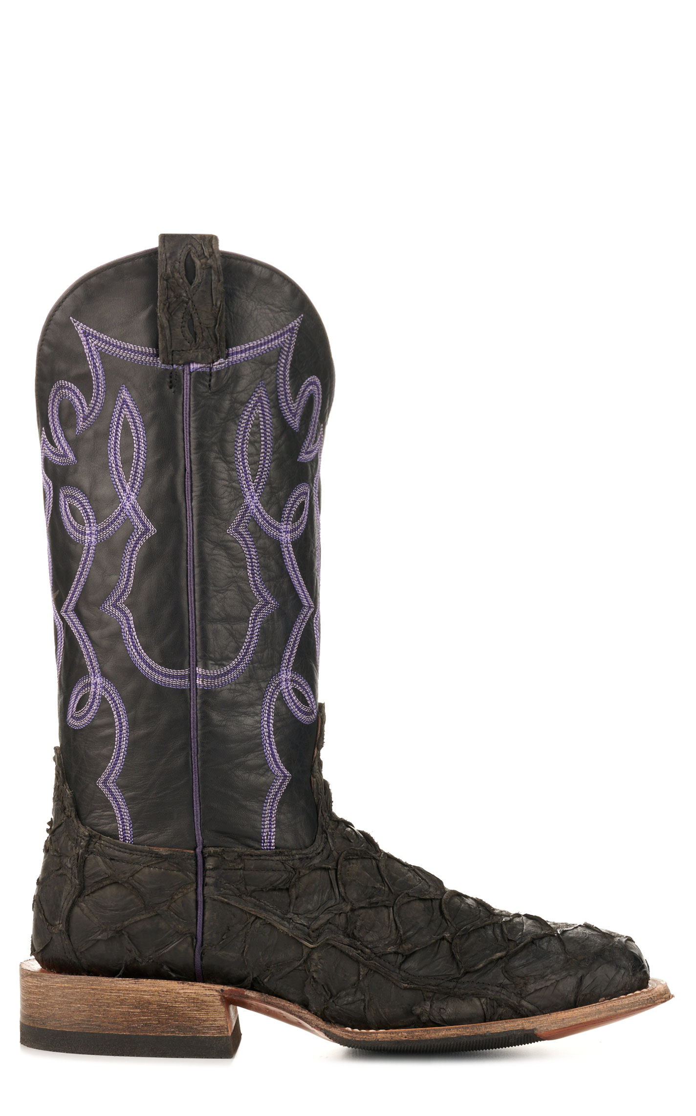 Cavender's Men's Black Leather and Pirarucu Wide Square Toe Exotic Cowboy Boots - Image 1