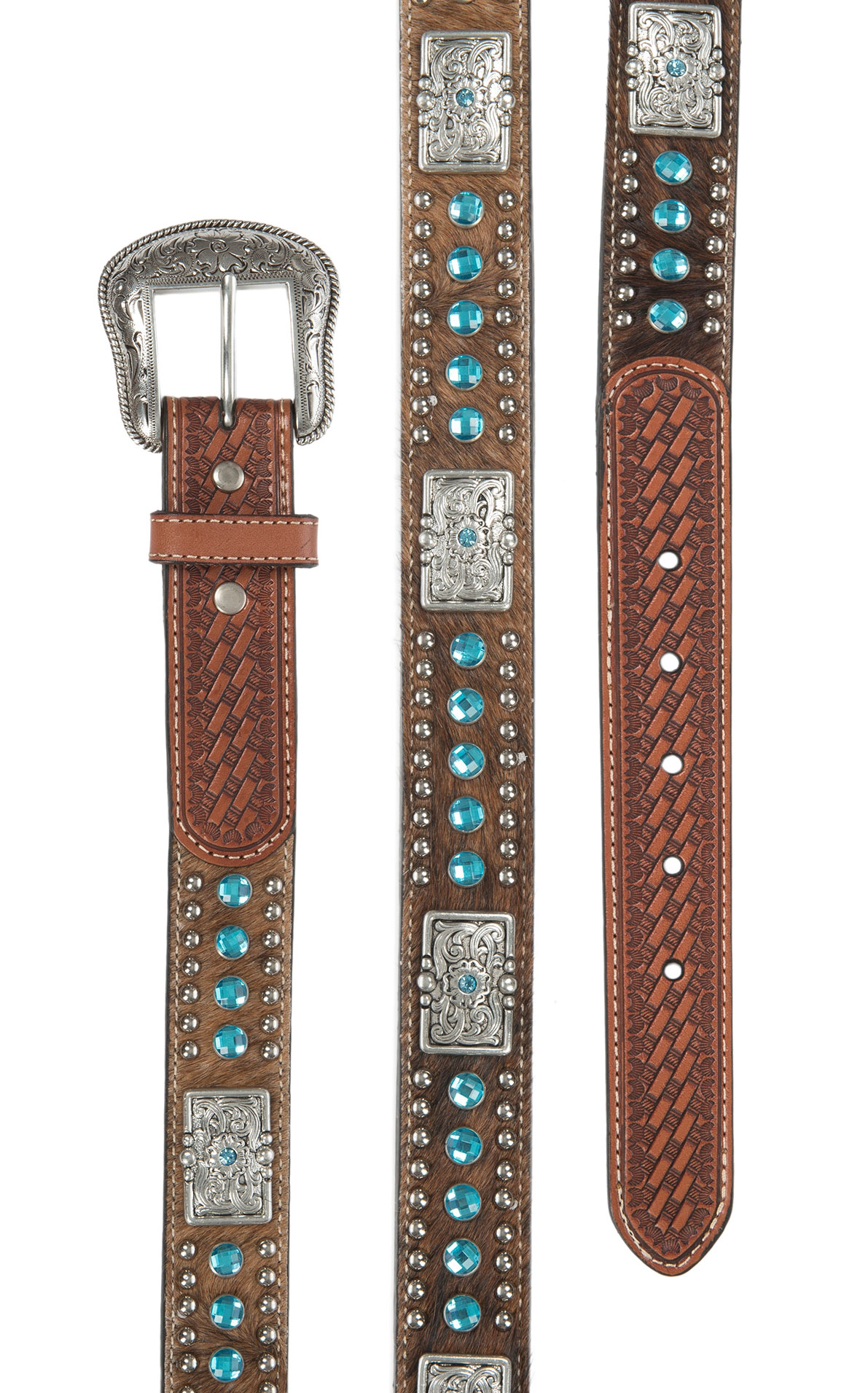 Nocona Children's Cow hair with Blue Rhinestones and Silver Studs Leather Belt - Image 1