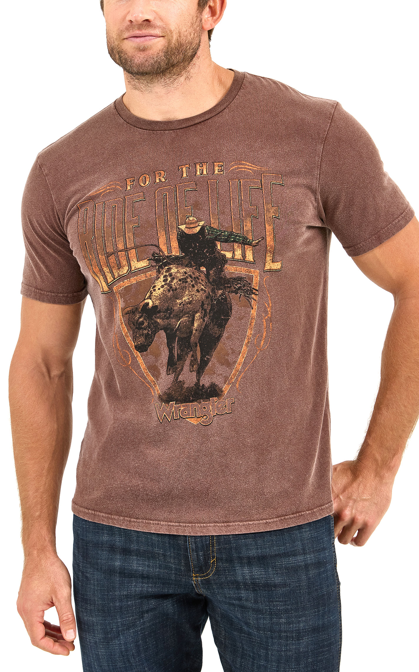 Wrangler Men’s Brown “Ride of Life” Bull Rider Graphic T-Shirt - Image 1