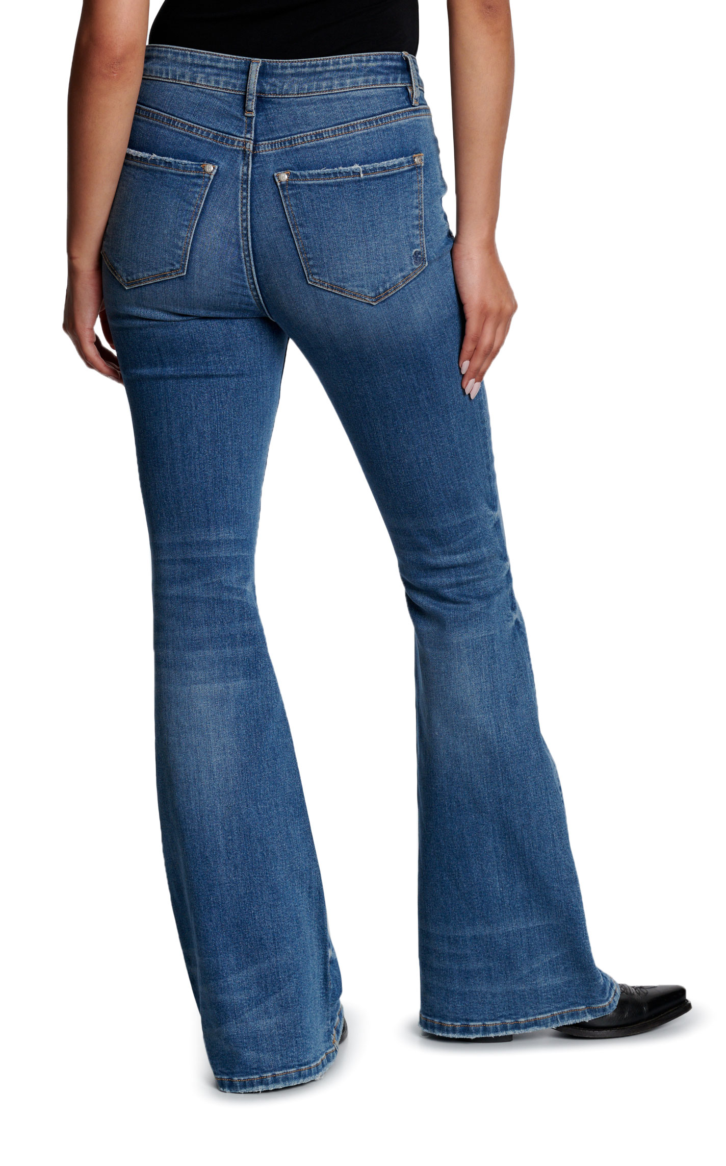 Rockin' C Women's Dark Wash High Rise Whisker Knee & Hem Flare Jeans - Image 1